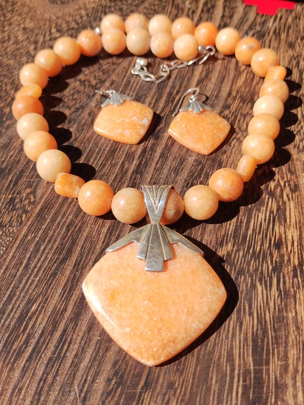 Jay King DTR orange stone necklace pendant earrings set 925 Sterling Silver,
